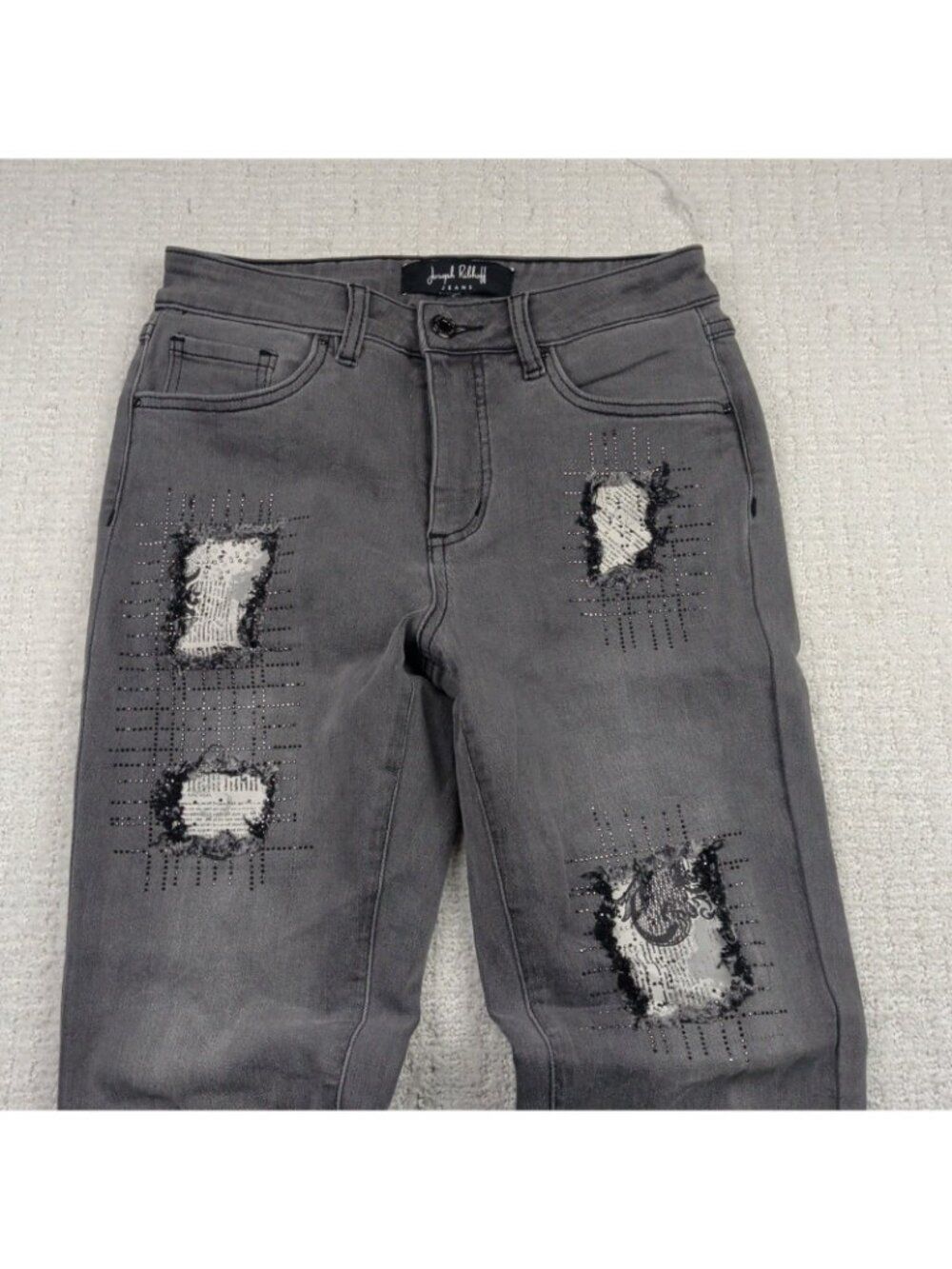 Joseph Ribkoff Dark Gray Distressed Patchwork Rhinestone Jeans Grunge Alt Read - Picture 2 of 9